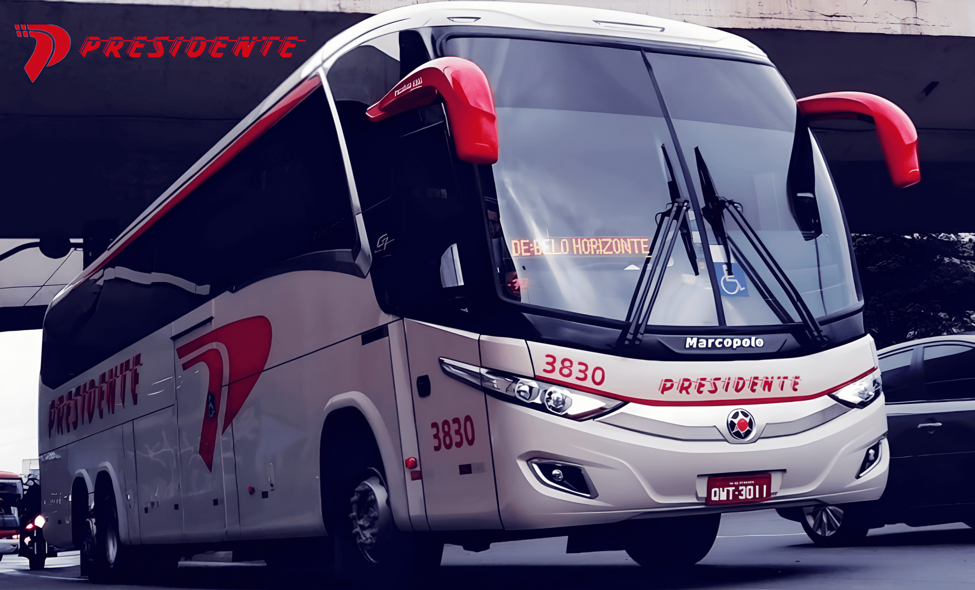 Ônibus de turismo Presidente branco e vermelho em uma estrada, vista frontal com vidros fumê e grandes espelhos retrovisores laterais.