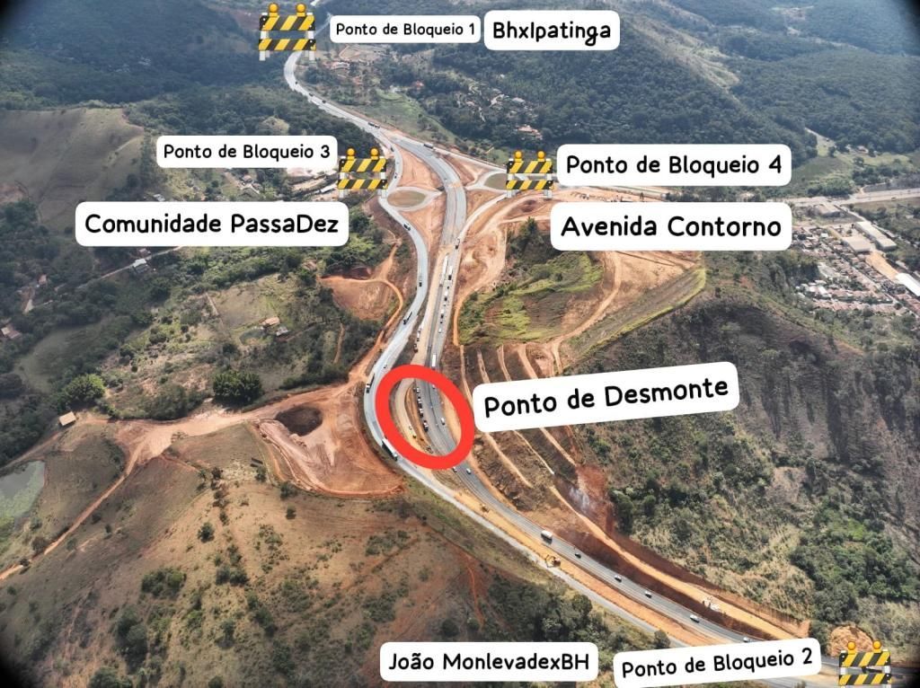 Mapa aéreo com estradas, povoados e um ponto de desmonte circulado em vermelho numa encosta, ambos identificados.