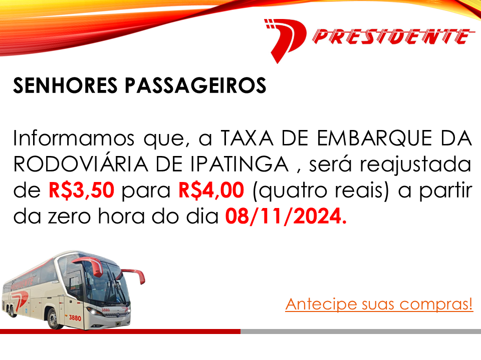 Aviso da Viação Presidente sobre aumento da taxa de embarque de R$3,50 para R$4,00 em 08/11/2024.