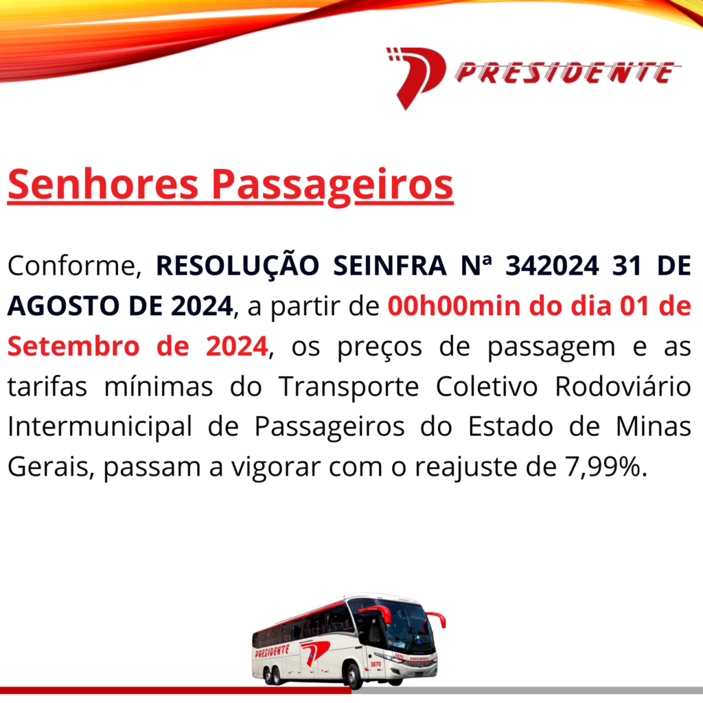 Aviso da viação Presidente sobre reajuste de tarifas de ônibus em Minas Gerais a partir de 1º de setembro de 2024