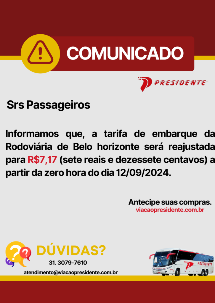 Aviso vermelho e branco informando aumento da tarifa de embarque da Rodoviária de Belo Horizonte a partir de 12/09/2024.