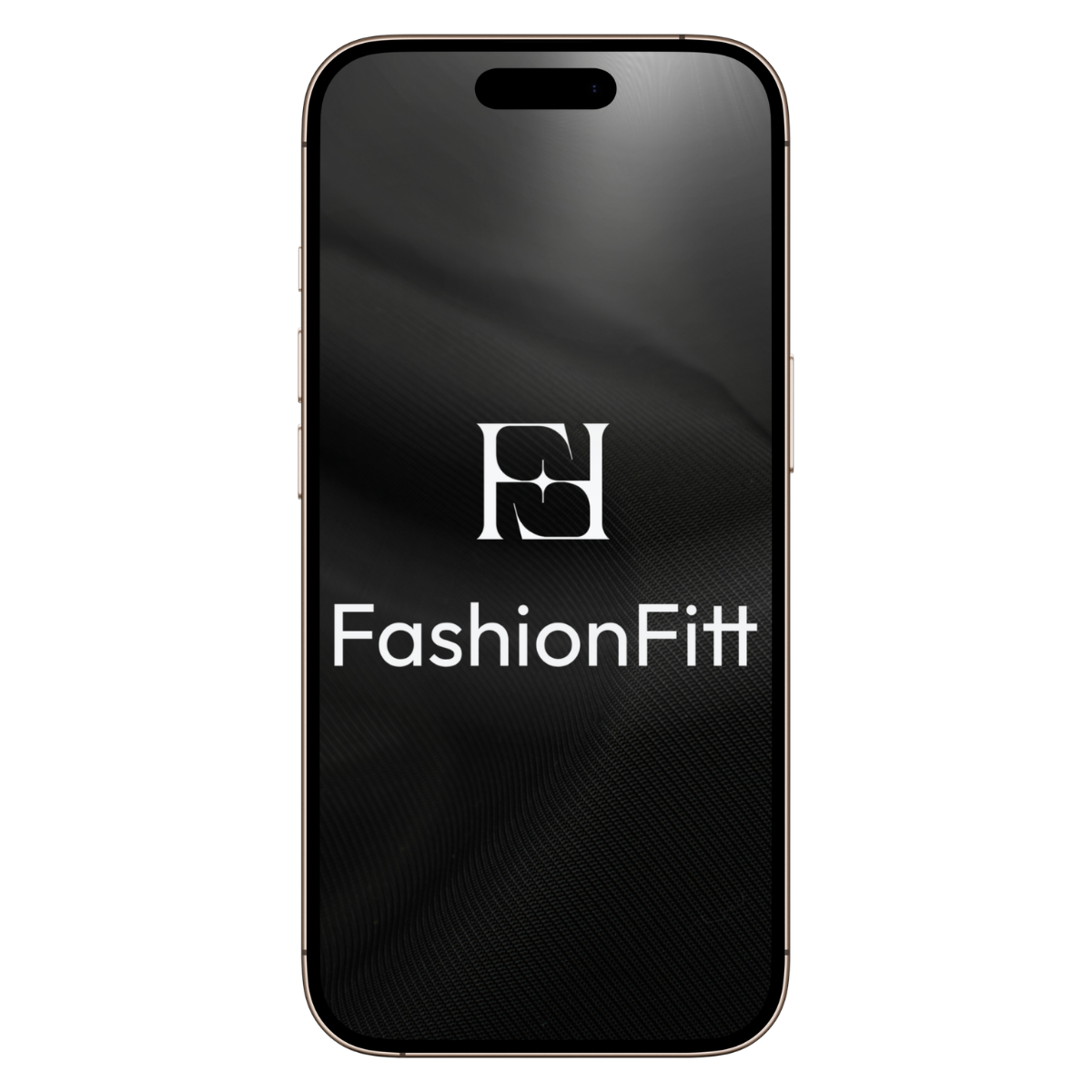 Black smartphone mockup displaying the FashionFitt logo and name on a dark screen