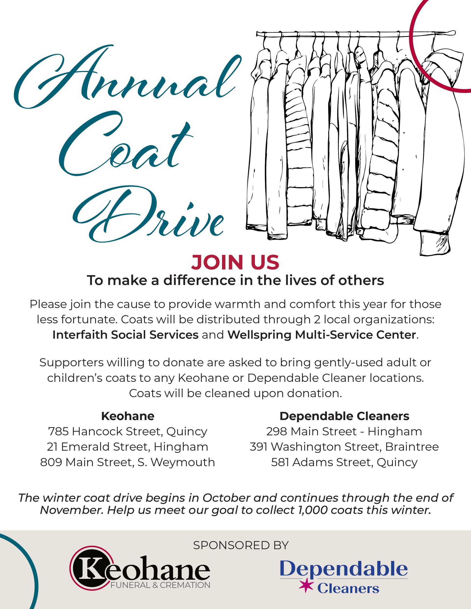 Keohane's Annual Coat Drive, 2024 Edition. Partnership with Dependable Cleaners to help neighbors in need.
