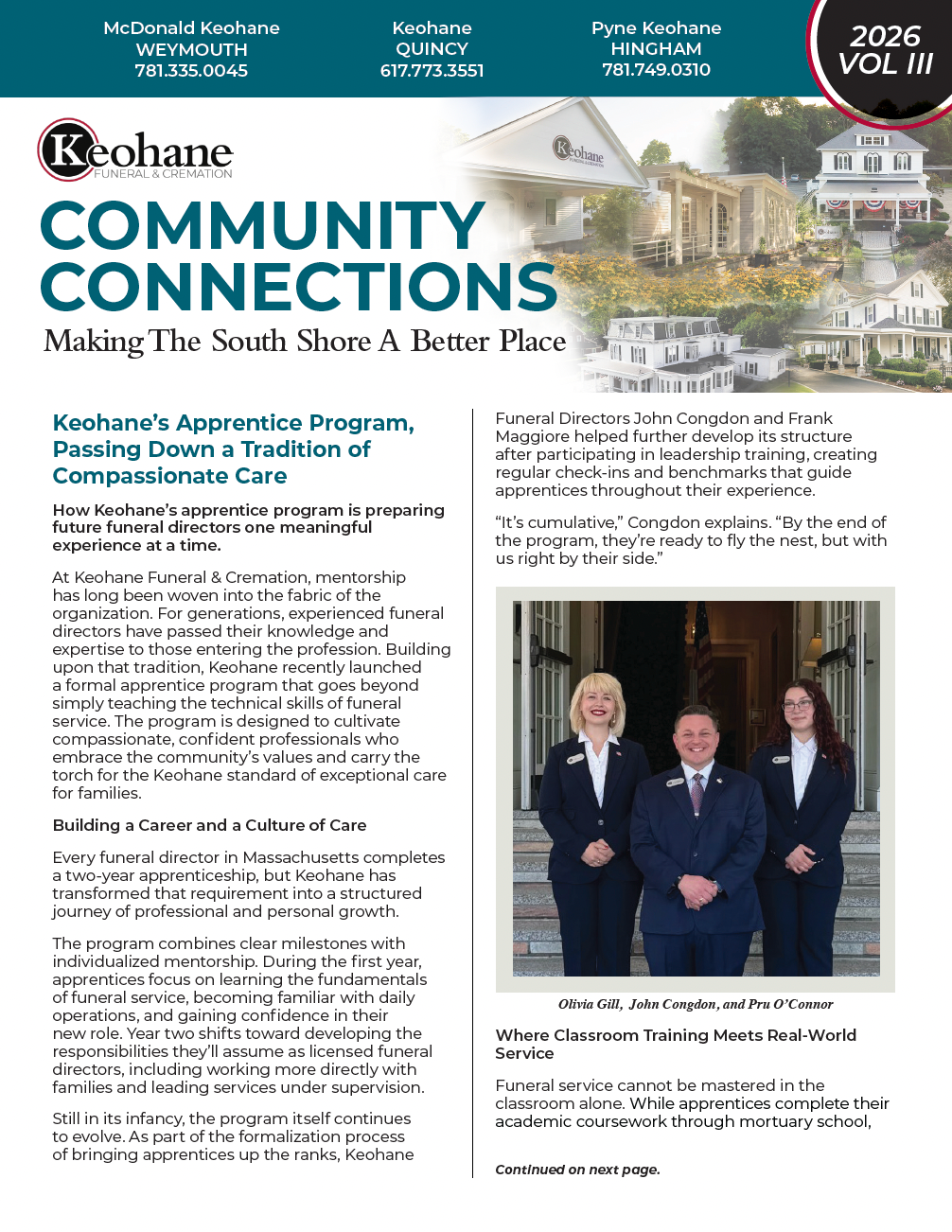 Community newsletter cover with headline and a small photo of three people standing together outside