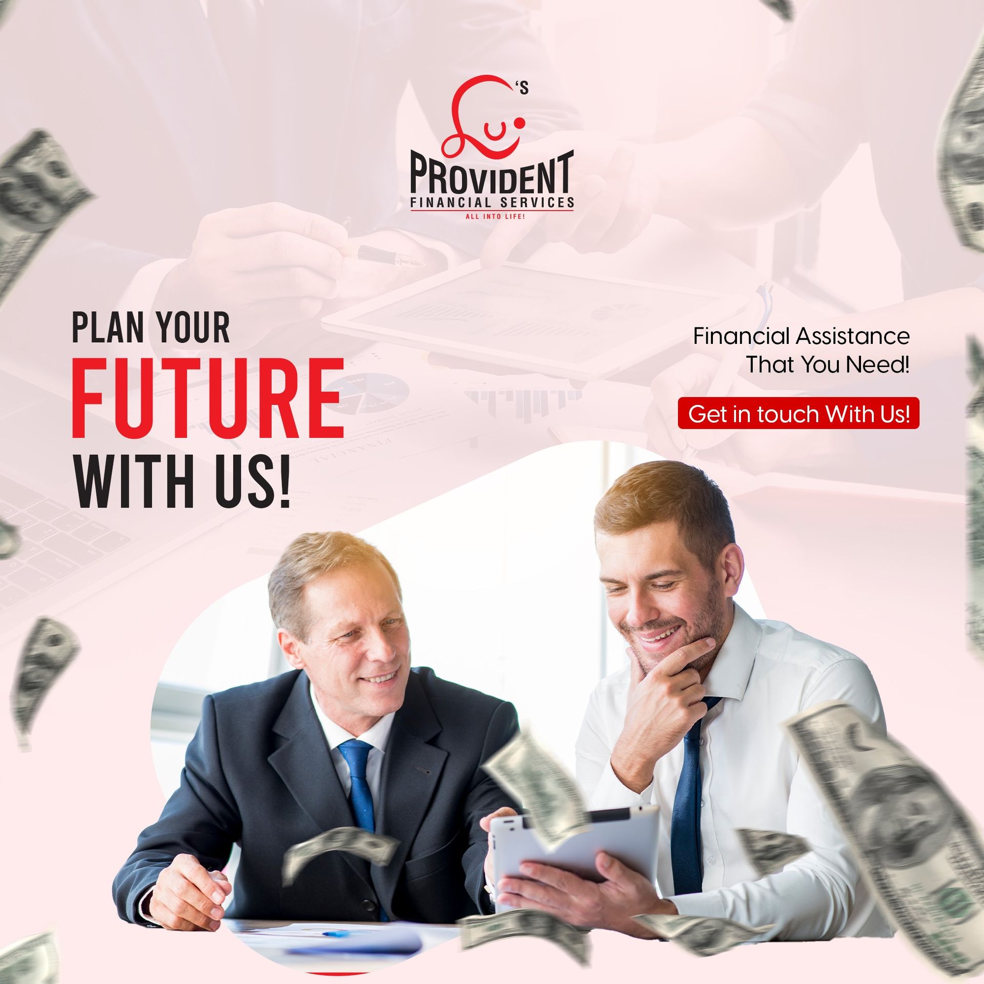 Financial advisors at desk with text “Plan your future with us” and Provident logo on a pink background
