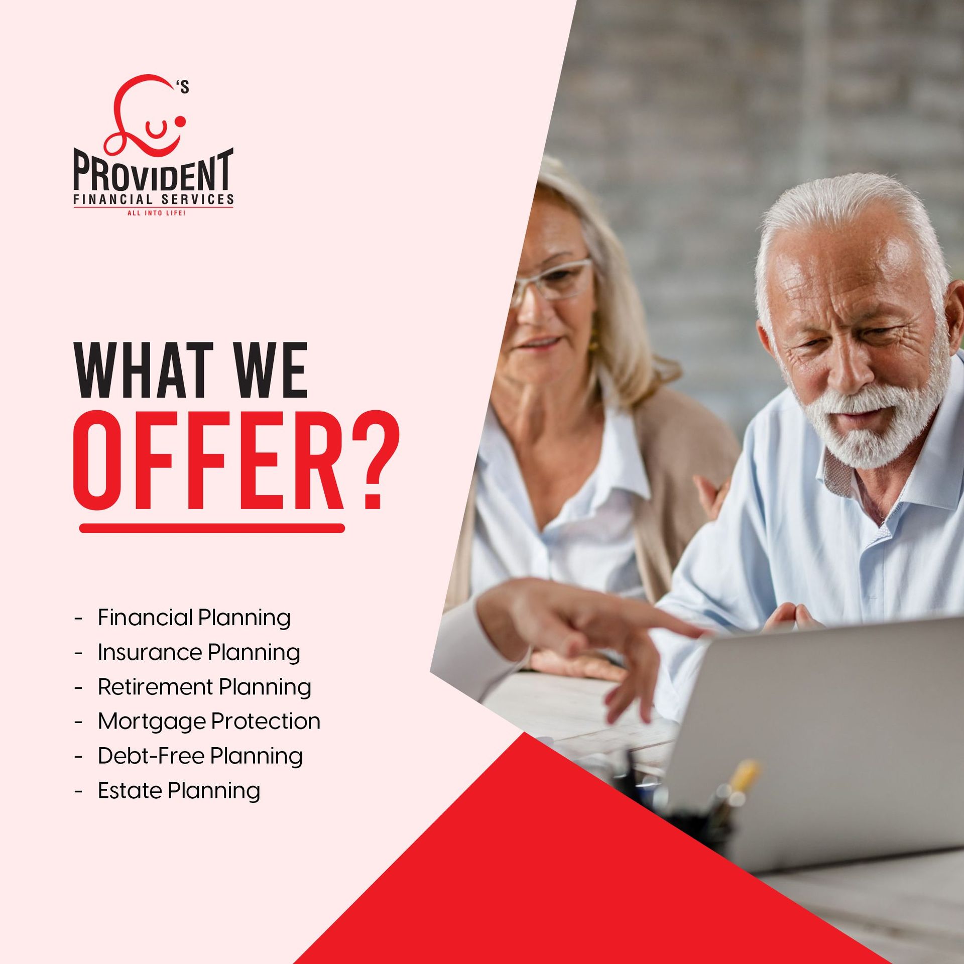 Promotional flyer listing financial services beside a smiling couple using a laptop