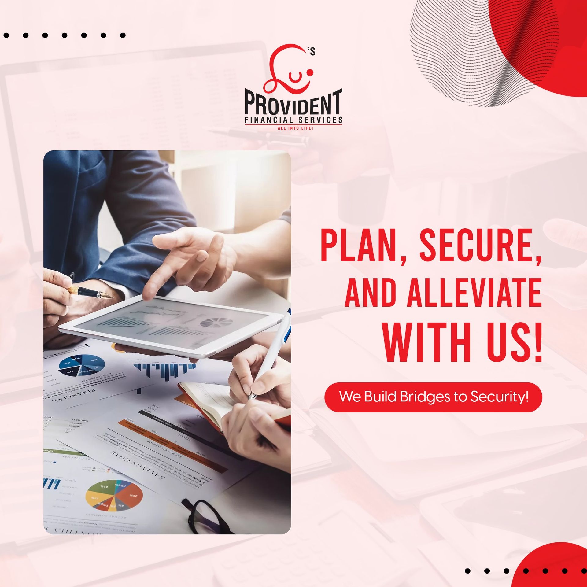 Business people reviewing charts on a laptop beside bold red text: “Plan, Secure, and Alleviate With Us!”