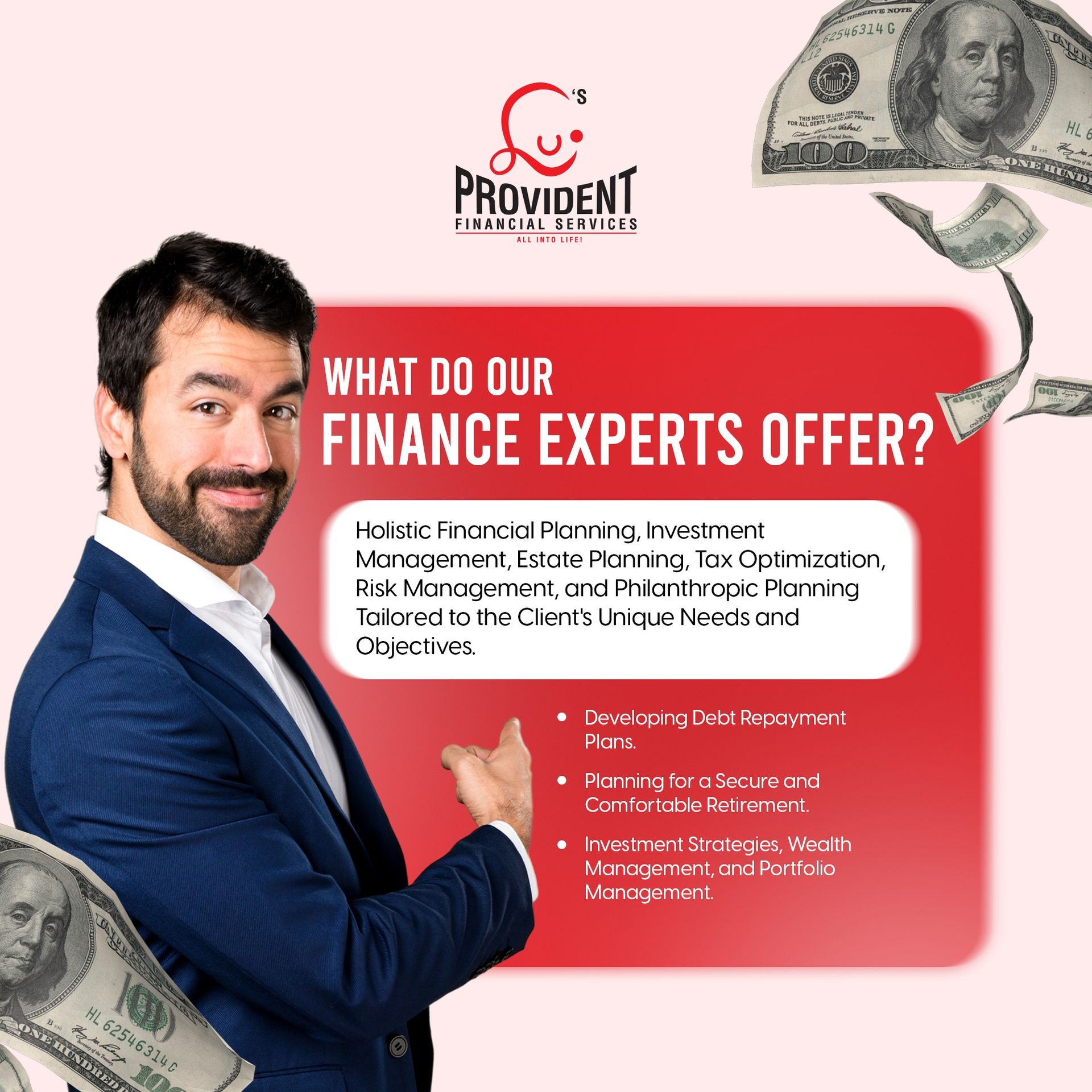 Prominent finance expert ad with a suited man, red banner, and dollar bills; headline offers finance services