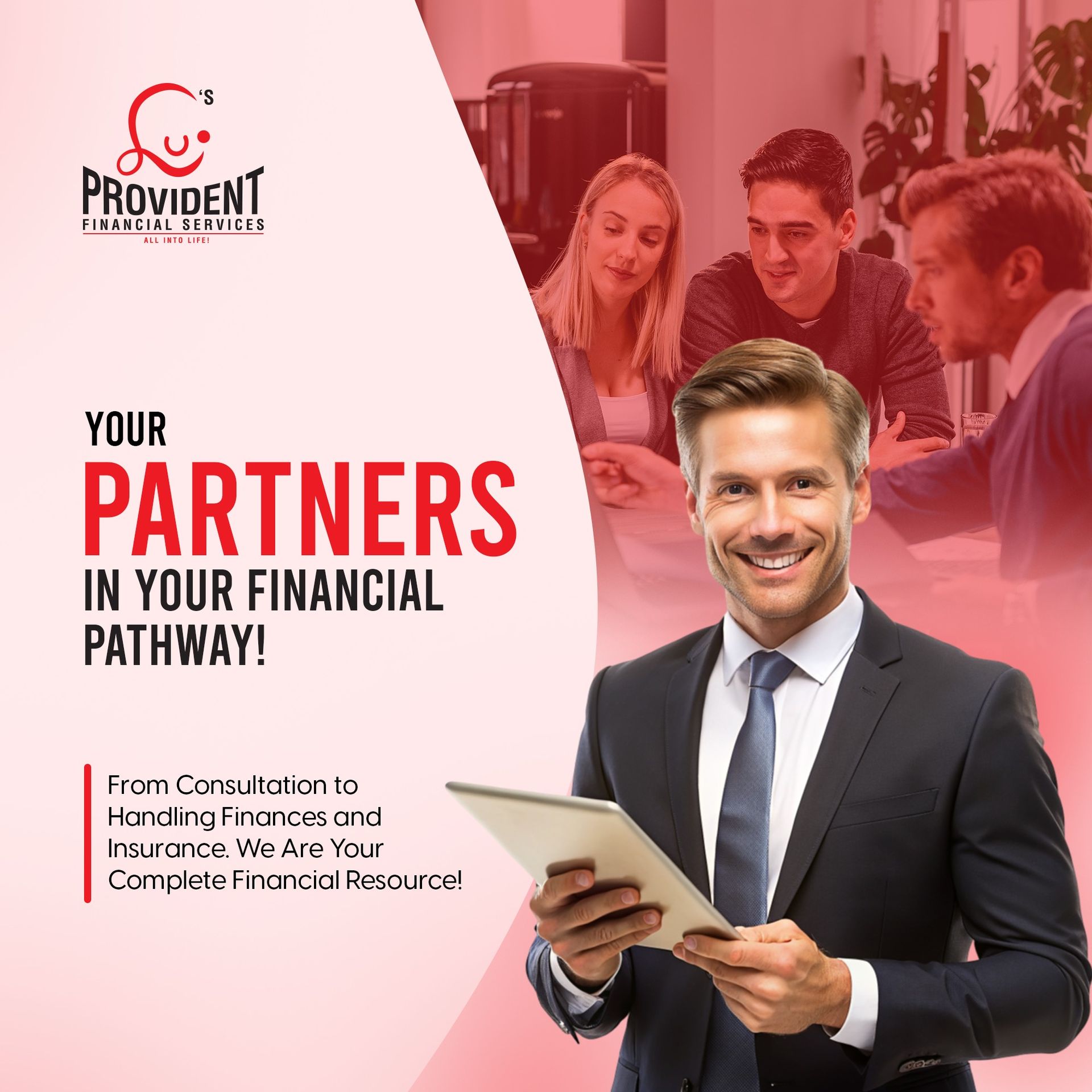 Promotional banner with smiling businessman holding tablet, pink background, and financial services text.