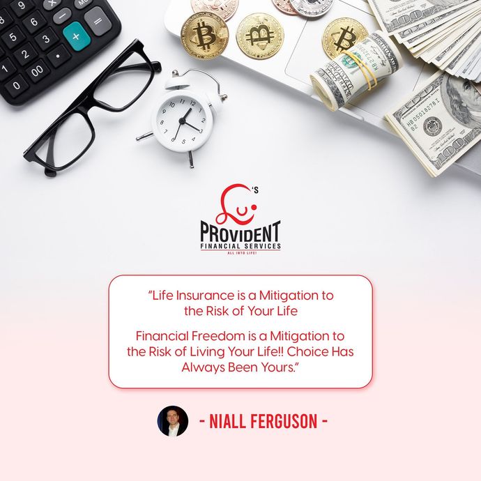 Promotional graphic with glasses, clock, Bitcoin coins, cash, and Provident logo over a financial quote from Niall Ferguson