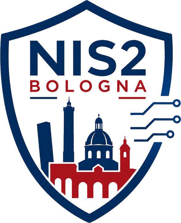 Logo NIS2 Bologna con lo skyline della città e le linee del circuito in blu e rosso.