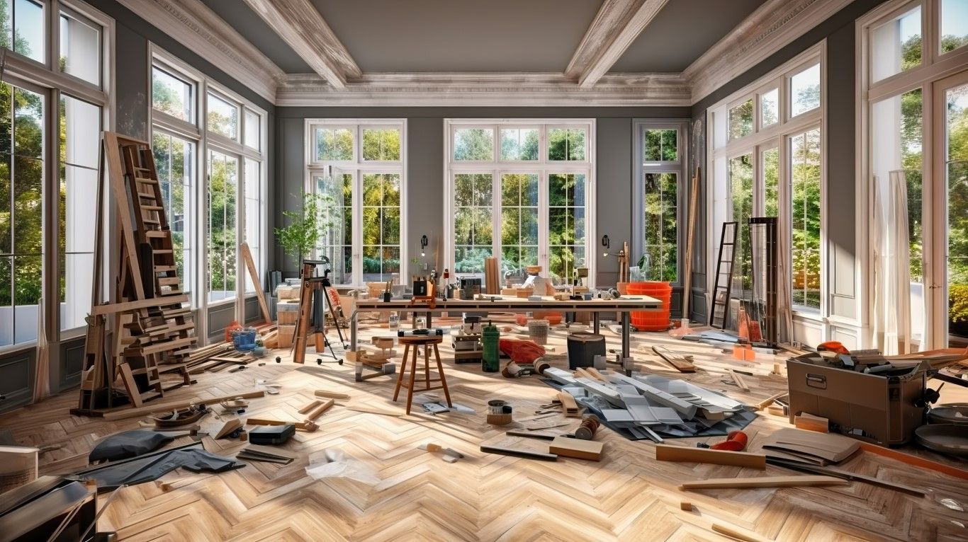 Bright, cluttered room under renovation with tools, ladders, wood, and large windows letting in daylight