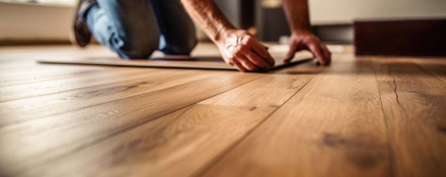Hands kneading warm wooden floorboards in a low-angle close-up indoors