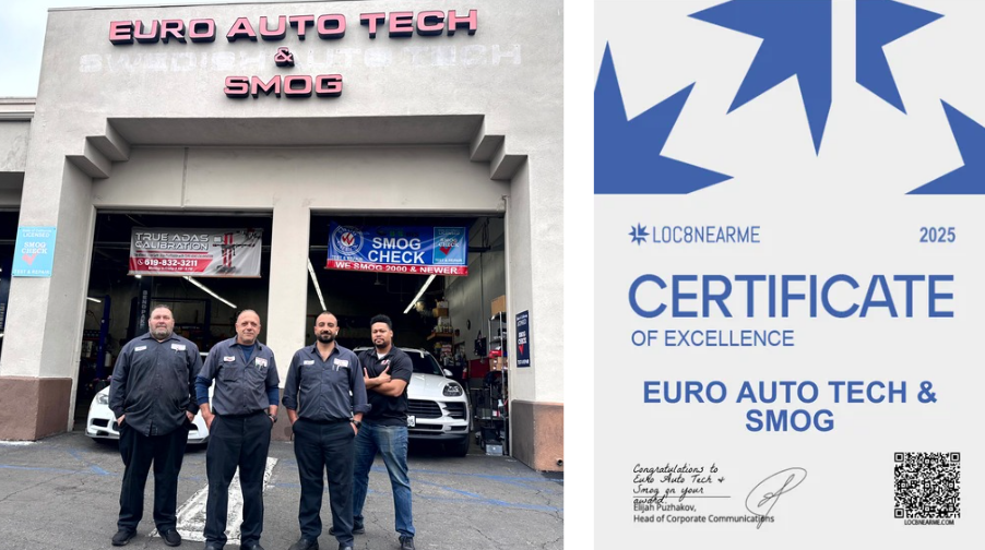 Four people standing outside Euro Auto Tech & Smog; certificate graphic displayed beside them.