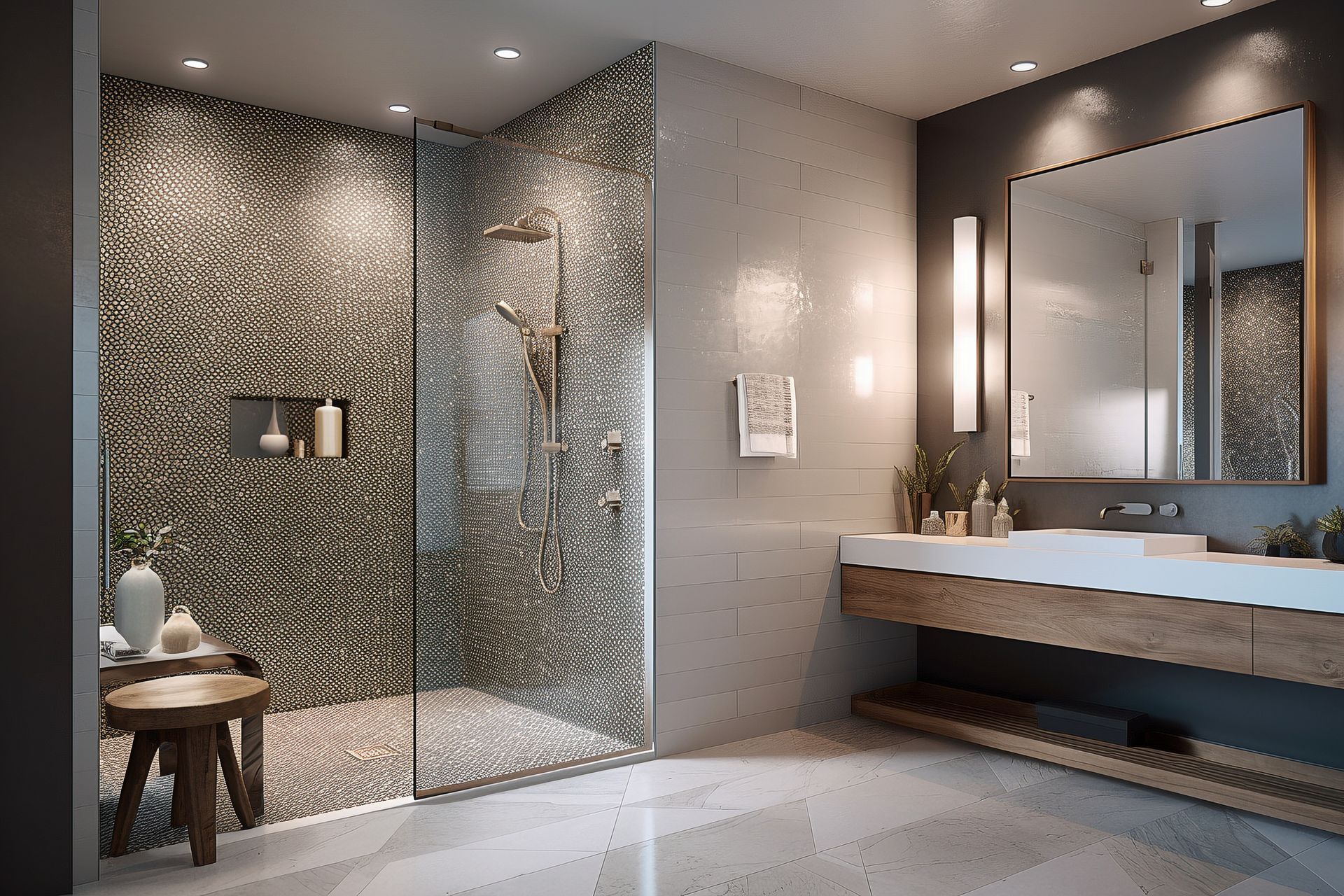 Une salle d'eau avec douche à l'italienne, lavabo et miroir.