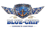 Blue- and silver-winged anchor logo for Blue-Chip Concrete Coatings, with EST. 2026 text