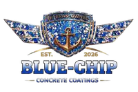Blue- and silver-winged anchor logo for Blue-Chip Concrete Coatings, with EST. 2026 text