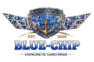 Blue- and silver-winged anchor logo for Blue-Chip Concrete Coatings, with EST. 2026 text