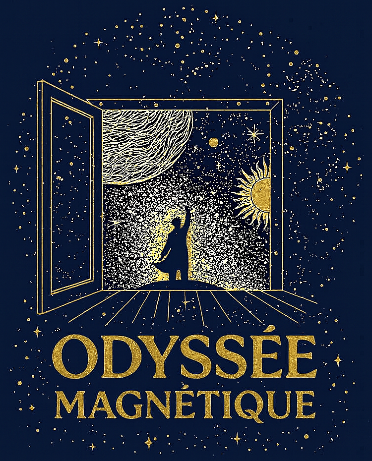 Silhouette d'une personne tendant la main vers une scène cosmique à travers une fenêtre. Texte doré : « ODYSSEE MAGNETIQUE » sur fond bleu marine.