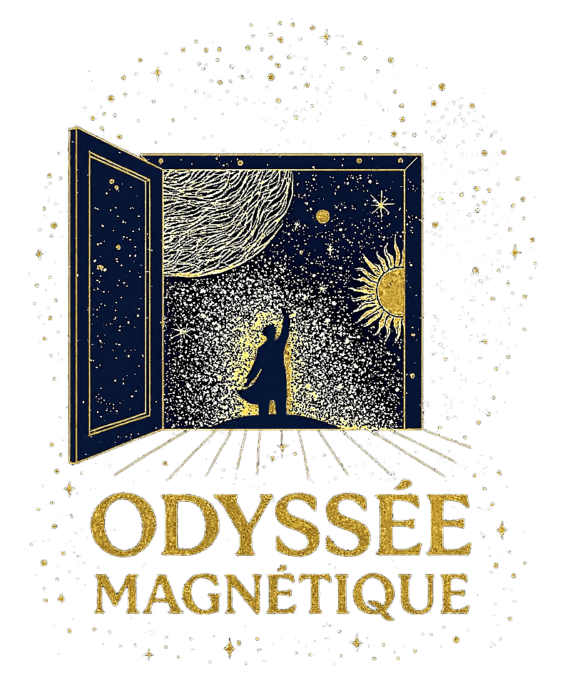 Silhouette d'une personne tendant la main vers une scène cosmique à travers une fenêtre ouverte ; le texte dit « Odyssée Magnétique ».