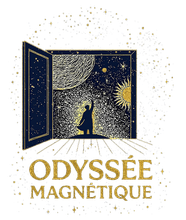 Silhouette d'une personne tendant la main vers une sc&egrave;ne cosmique &agrave; travers une fen&ecirc;tre ouverte ; le texte dit &laquo; Odyss&eacute;e Magn&eacute;tique &raquo;.
