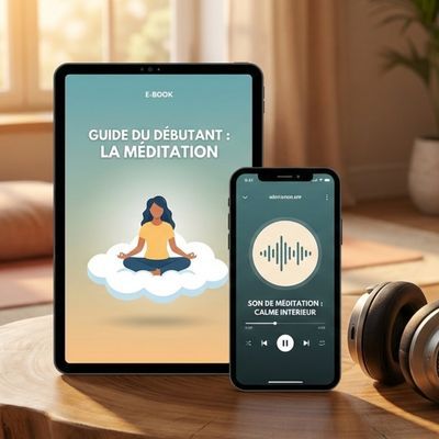 Une tablette et un téléphone affichent le guide de méditation et l'audio. Des écouteurs sont posés à proximité.