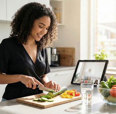 Une femme souriante coupe des légumes dans sa cuisine tout en conversant par vidéo sur une tablette.