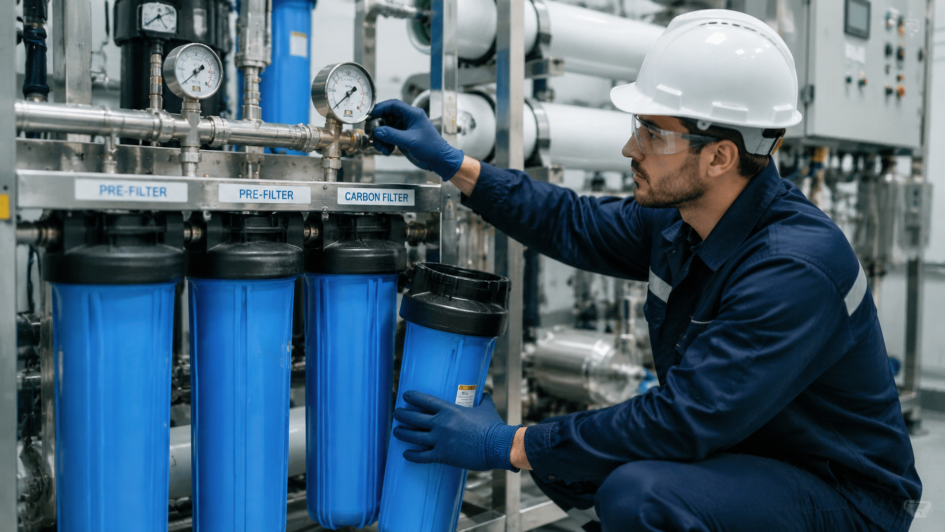 water filtration systems maintenance technician replacing filters