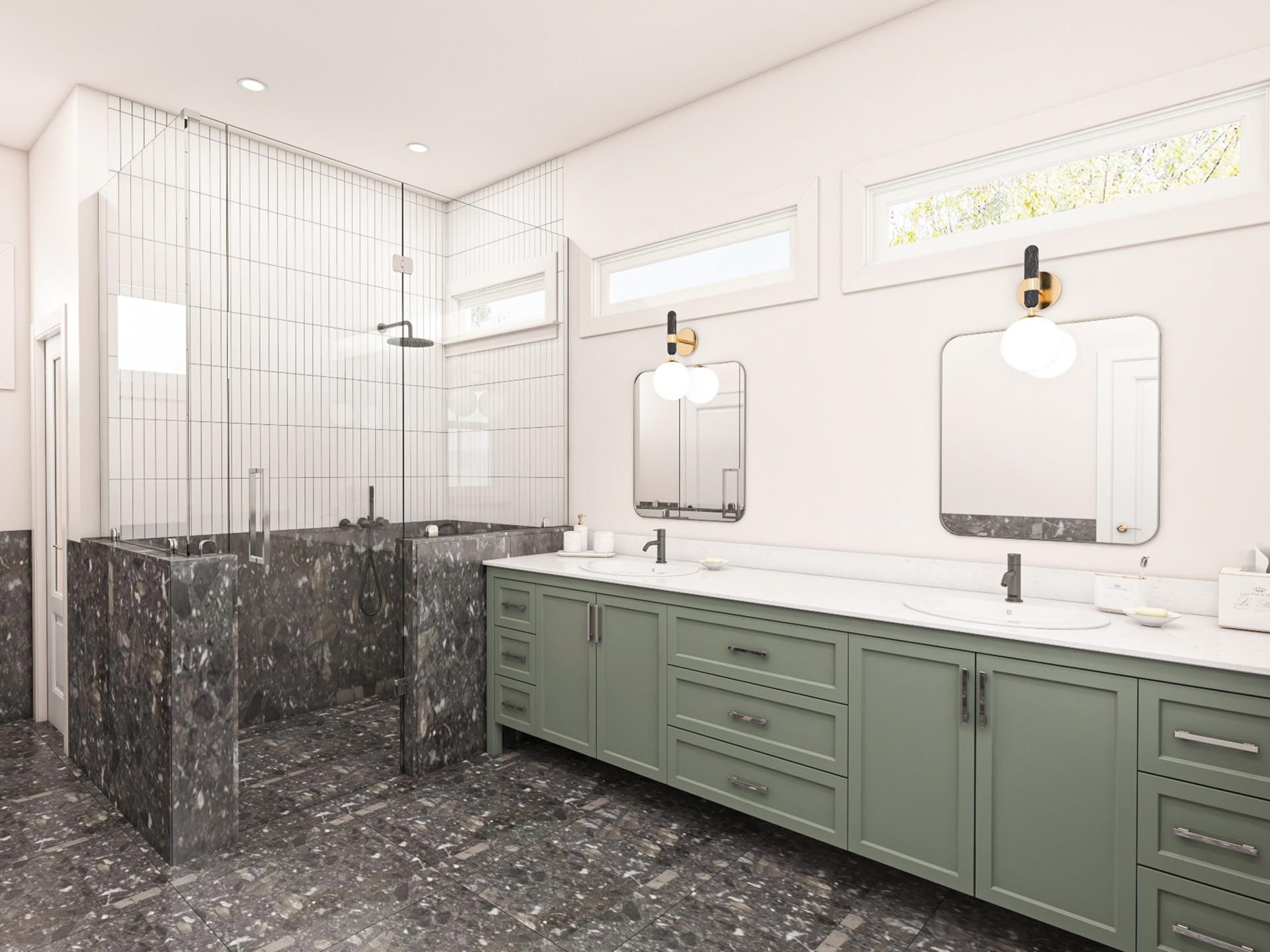 A bathroom with two sinks , two mirrors and a walk in shower.