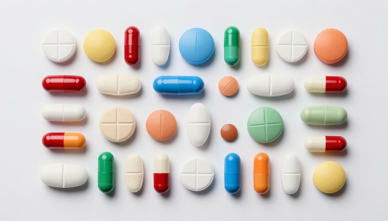 Assorted colorful pills and capsules arranged in rows on a light background.