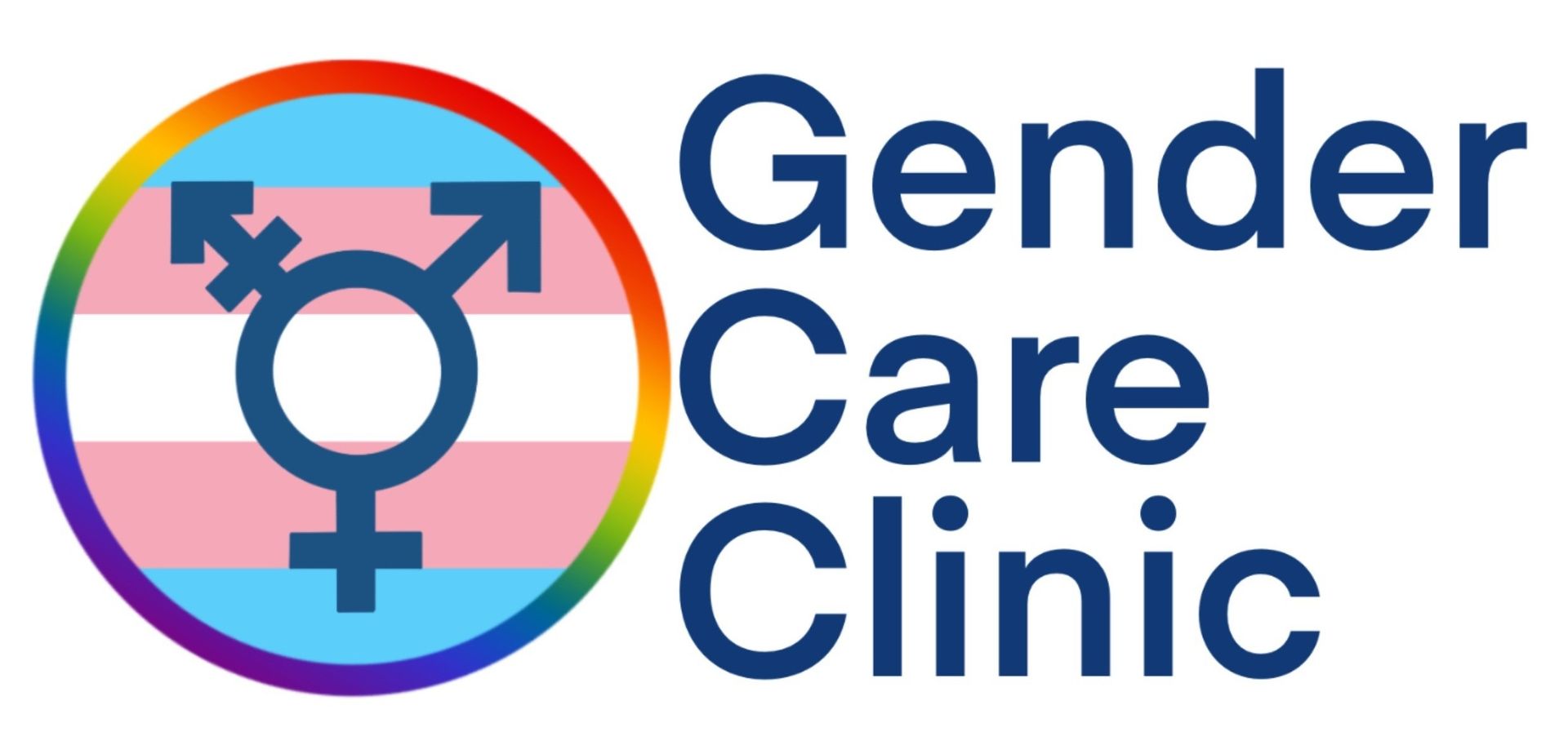 Gender Care Clinic logo with transgender symbol in a rainbow circle and blue text