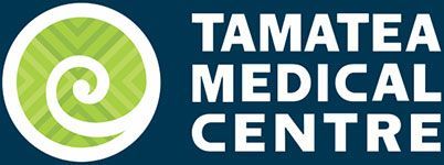 Tamatea Medical Centre logo with green spiral icon and white text on teal background