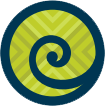 Blue and lime-green spiral logo on a circular background