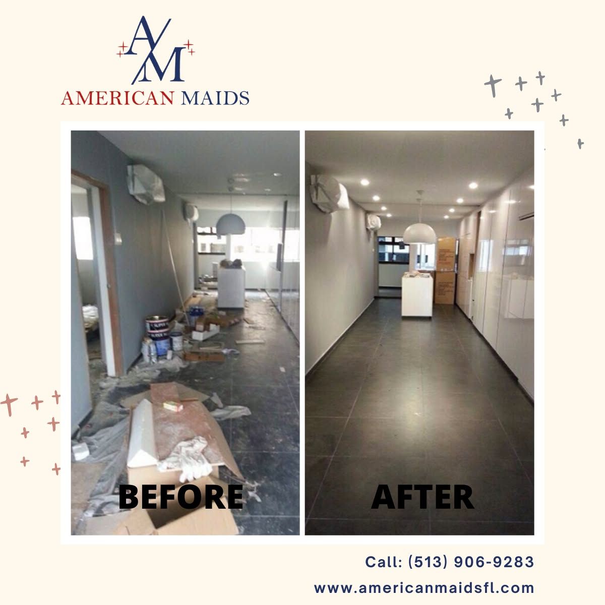 Before-and-after of a cleaned hallway and kitchen by American Maids; messy room beside a polished, empty corridor.