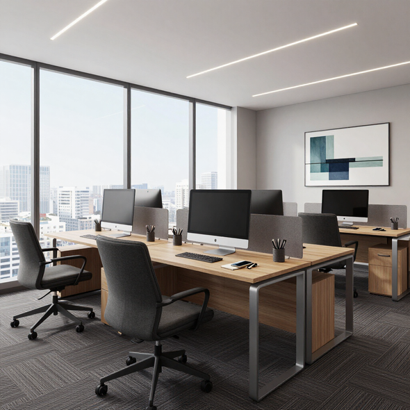 Modern open-plan office with desks, computers, chairs, and large windows overlooking a city skyline