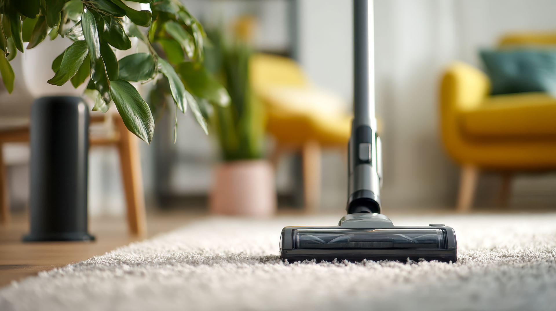 Vacuum cleaner on a carpeted living room floor with a blurred plant and chairs in the background