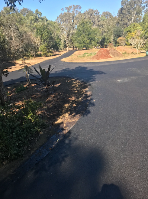 Curving paved road beside dry grass and trees in a sunny park — Appian Roads In Urangan, QLD