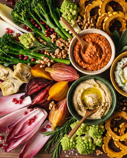 Plateau de légumes colorés avec houmous, poivrons grillés, betteraves, radicchio et crackers.