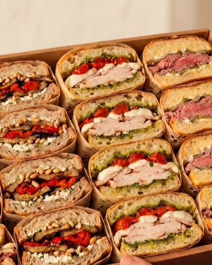Assortiment de demi-sandwichs dans une boîte en carton, montrant de la viande, de la salade et des tomates.