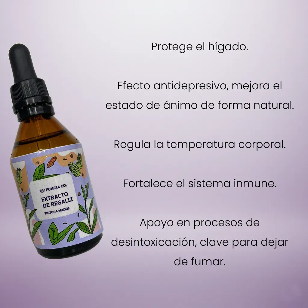 Botella de extracto de hierbas Regaliz con palitos de raíz de regaliz sobre un pedestal.