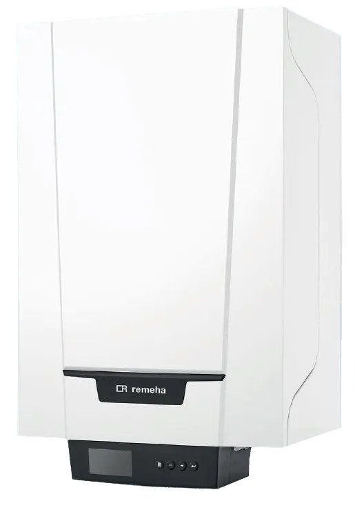 Caldaia a gas Remeha bianca con display digitale e base nera.