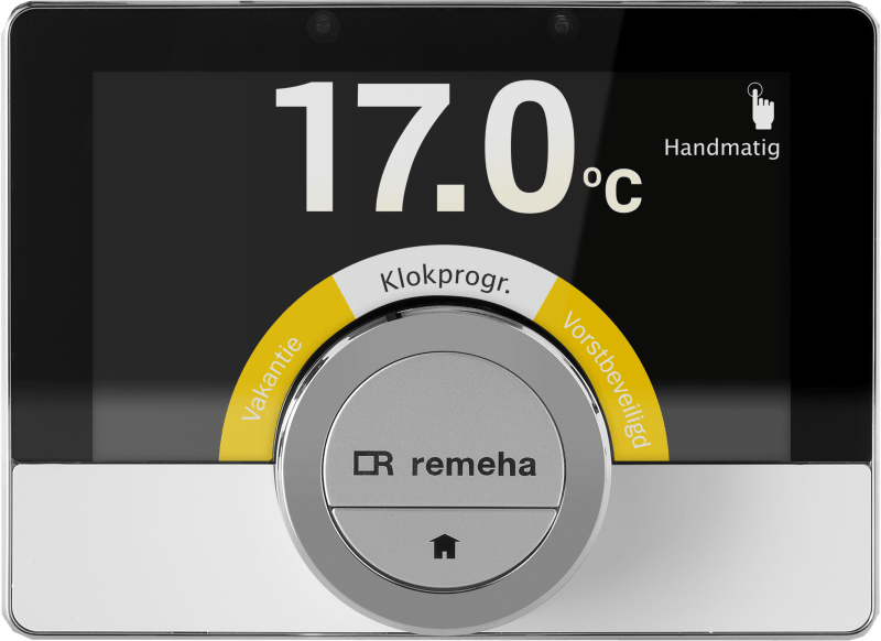 Termostato con display che indica 17,0°C. Manopola girevole con varie opzioni.