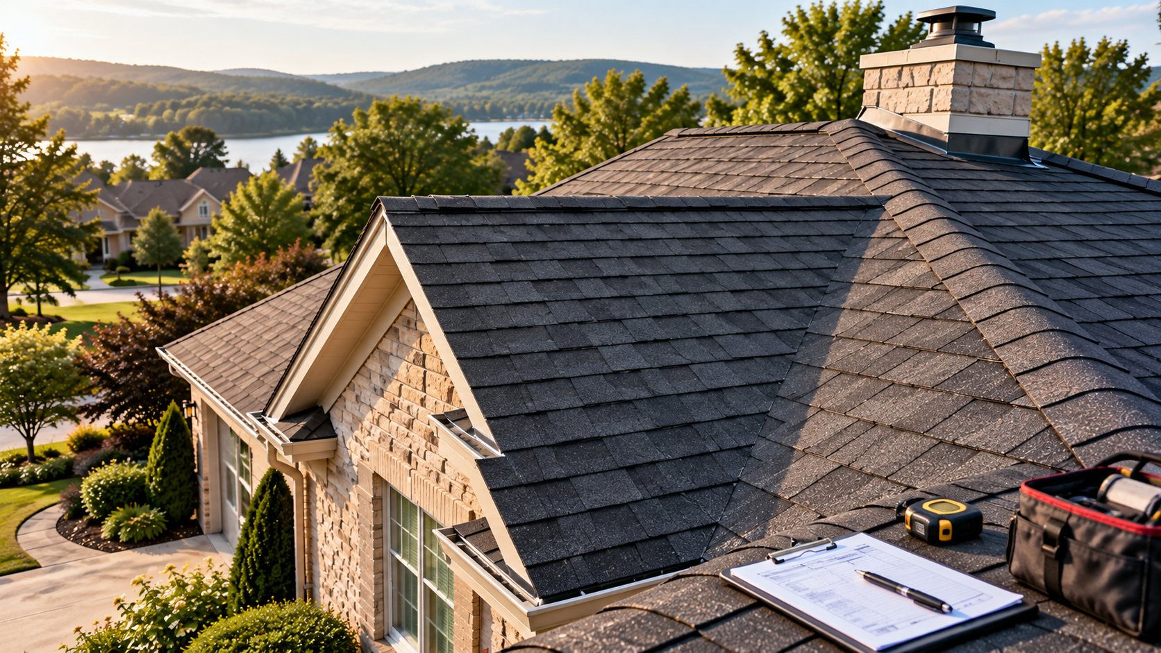 Suburban house rooftop at sunset with tools and plans, overlooking a lake and hills