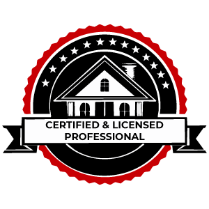 Certified licensed professional badge with house icon, red and black seal, and banner text