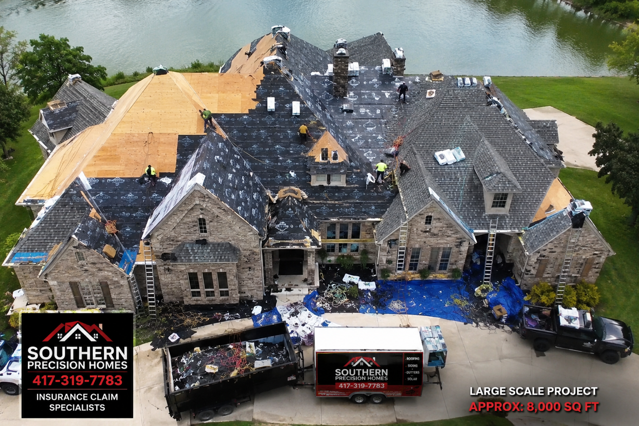 Roof with black metal panels and a small toolbox, backed by gray shingles and blue sky.