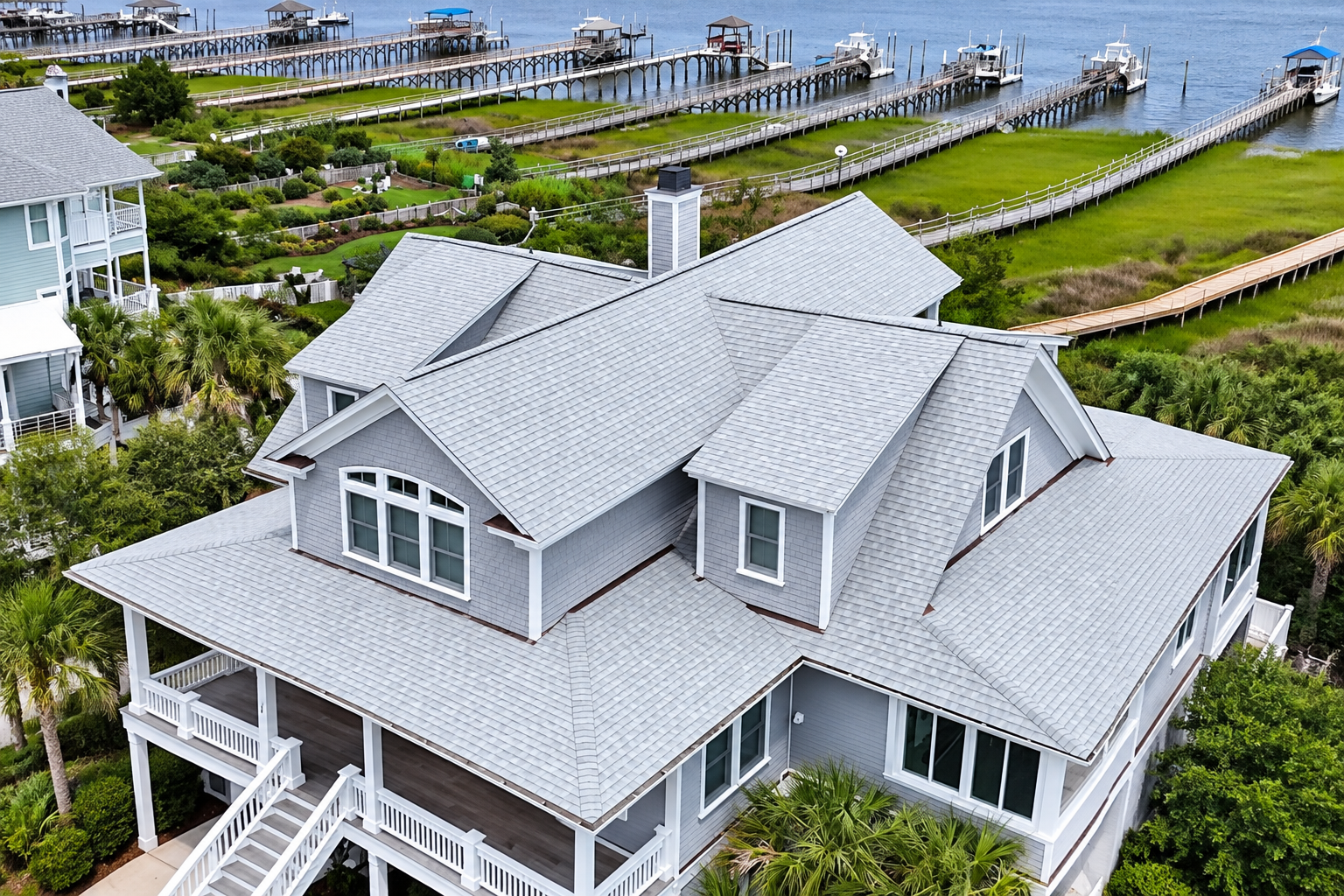 Large gray waterfront house with wraparound porch beside green marsh and docks