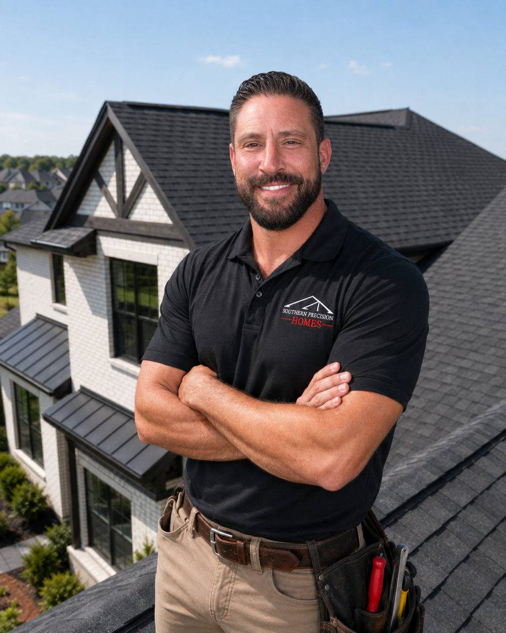 Man standing with arms crossed on a rooftop, smiling in a black polo beside a modern house.