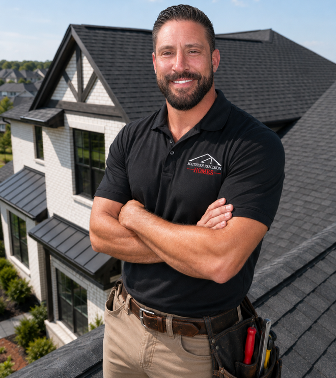 Smiling man in black polo standing arms crossed on a roof beside a house under a blue sky