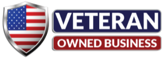 Veteran Owned Business badge with U.S. shield and red, white, and blue text