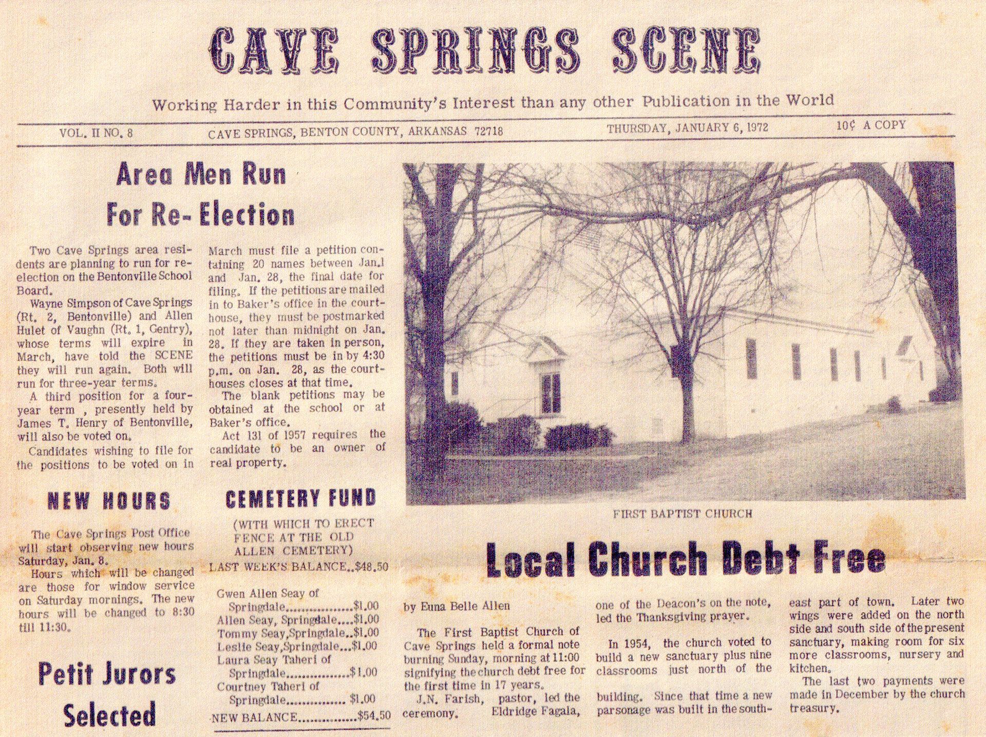 Vintage newspaper front page with headline “Cave Springs Scene,” article columns, and a church photo